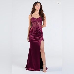 Windsor Plum Lace Bustier Satin Prom Dress